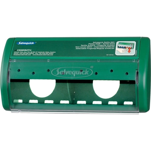 Ein grüner Orkla Wound Care AB Salvequick pflasterspender, leer | Packung (1 Stück), verfügt über zwei runde Öffnungen, einen transparenten Deckel, aufgedruckte Anweisungen oben rechts und ein sichtbares Branding auf der Vorderseite.