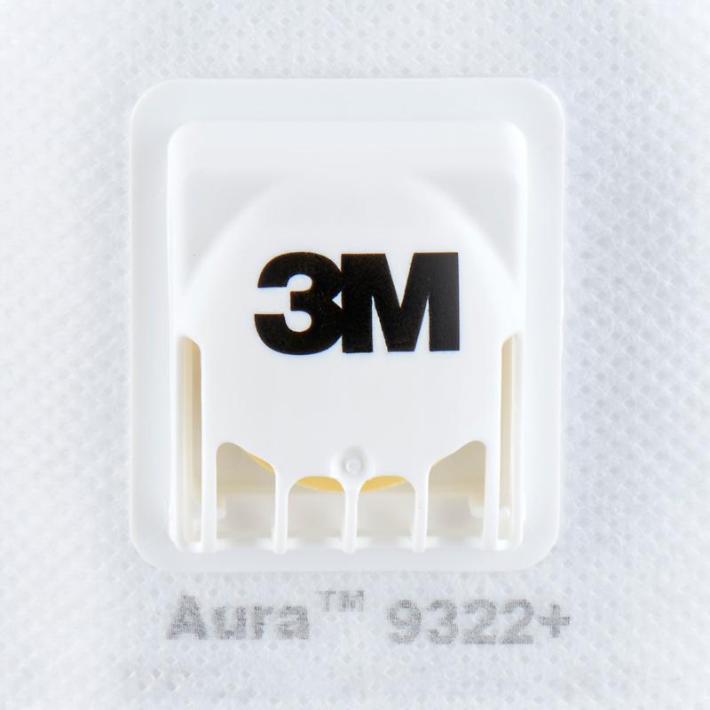 Close-up of a white 3M™ Aura™ Comfort Cool Flow™ Particulate Respirator 9322+, FFP2, with valve from 3M Deutschland GmbH, showing the brand valve and the text "Aura 9322+" on the mask fabric.