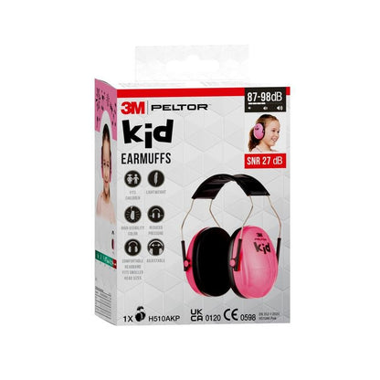 Box of 3M™ PELTOR™ earmuff for children (by 3M Deutschland GmbH) in pink, showing product and child wearing it. Highlights: lightweight, comfortable, SNR 27dB. Model number H510AKP shown.
