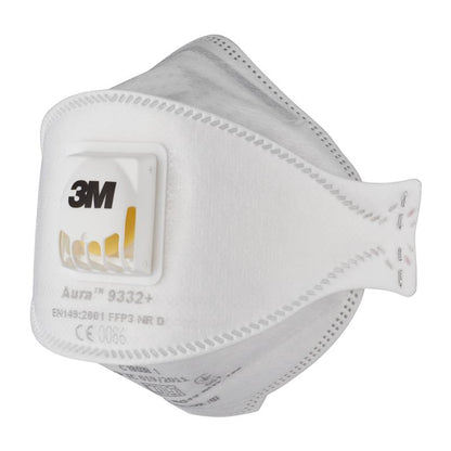 The 3M™ Aura™ Comfort Cool Flow™ Particulate Respirator 9332+, FFP3, with valve from 3M Germany GmbH is a white face mask with a yellow exhalation valve, shaped for nose and mouth, with printed product and certification details.