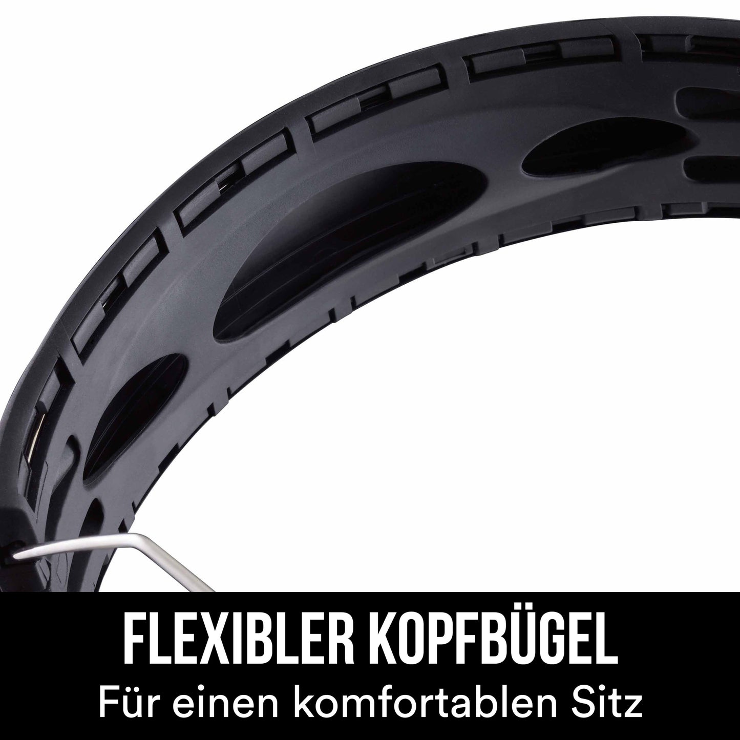 Nahaufnahme des 3M™ WorkTunes™ Connect Kapselgehörschutz 90543E in Schwarz mit flexiblem Kopfband. Der deutsche Text hebt hervor: "FLEXIBLER KOPFBÜGEL - Für einen komfortablen Sitz." Idealer Bluetooth Gehörschutz, SNR 31 dB.