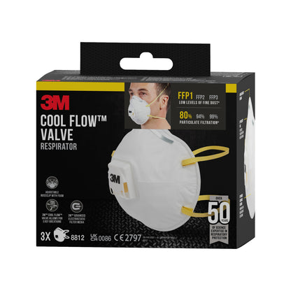 Pictured is a box of the 3M™ Cool Flow™ Particulate Respirator 8812, FFP1, with valve (3-pack) from 3M Deutschland GmbH, with "FFP1" protection, a man wearing the mask, white mask illustration, yellow bands, and "over 50 years" on the packaging.
