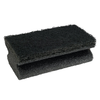 The Scotch-Brite® Grill Handle Sponge from 3M Deutschland GmbH is a black, rectangular cleaning sponge with a textured top layer and a porous underside, designed for effective grill cleaning. 1 piece per package.