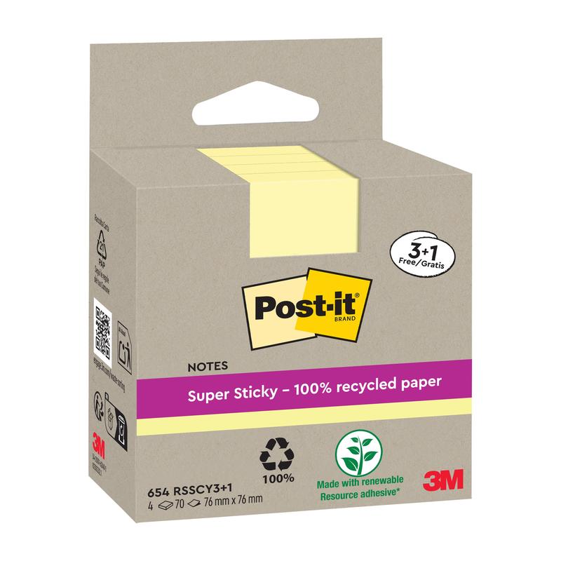 A beige box with Post-it® Super Sticky 100% Recycling Notes (76 x 76 mm, 70 sheets/block, PEFC-certified) from 3M Deutschland GmbH shows the logo, eco-friendly symbols, a purple text band, and four yellow blocks partially visible inside.