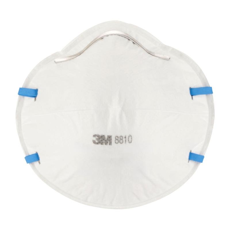 A 3M™ Particulate Respirator 8810, FFP2, without valve (white) from 3M Deutschland GmbH with blue elastic bands and a metal nose bridge, front view against a neutral background.