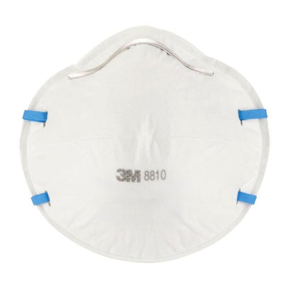 A 3M™ Particulate Respirator 8810, FFP2, without valve (white) from 3M Deutschland GmbH with blue elastic bands and a metal nose bridge, front view against a neutral background.