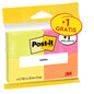 Eine Packung Post-it® Notes (3M Deutschland GmbH) in sortierten Neonfarben, 38 mm x 51 mm, 100 Blatt pro Block, 3 Blöcke +1 gratis pro Packung. PEFC-zertifiziertes Produkt SGSCH-PEFC-COC-110078. "3 Blöcke + 1 Gratis.