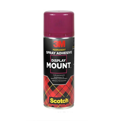 A 400 ml can of 3M™ Scotch® DisplayMount™ adhesive spray from 3M Deutschland GmbH with a pink cap, black and red checkered design, and yellow Scotch" lettering on the lower part.