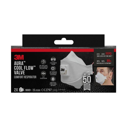 A rectangular black box of the 3M™ Aura™ Comfort Cool Flow™ Particulate Respirator 9332+, FFP3, with valve from 3M Deutschland GmbH shows images of the white mask and the wearer and highlights the product features and certification.