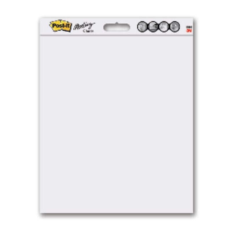 A white Post-it® Super Sticky self-adhesive Meeting Chart/Flipchart for wall mounting 566 (58.4 x 50.8 cm, 20 sheets, 2 blocks) by 3M Deutschland GmbH with a blank cover sheet, in vertical packaging with logo and illustration for wall mounting.
