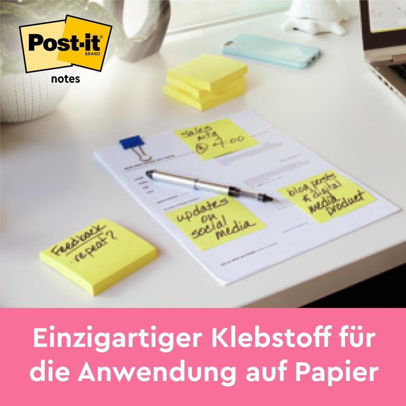 A stack of Post-it® Notes, Yellow (38 x 51 mm, 100 sheets/block, 16 blocks + 4 free), from 3M Deutschland GmbH with unique adhesive for paper lies on a document. PEFC certified (SGSCH-PEFC-COC-110078).