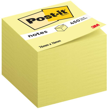 A stack of yellow Post-it® Notes cube, 76 x 76 mm, 450 sheets per block, with the 3M logo at the bottom right on the label. Contains one block per package and consists of 100% PEFC-certified paper.