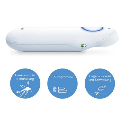 The white, handheld Beurer insect bite healer BR 60 from Beurer GmbH features a button, an indicator light, and icons highlighting the 3s/6s programs for quick relief of itching and swelling from insect bites.