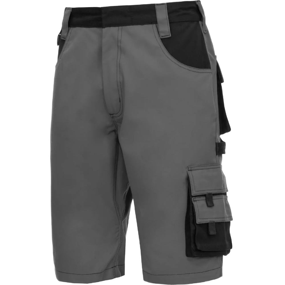 These gray cargo shorts with black accents from the NITRAS MOTION TEX KIDS collection feature multiple pockets, including side and back pockets. They were designed by AS Arbeitsschutz GmbH for high wearing comfort and offer a comfortable fit with belt loops and button closure. Perfect as breathable children's outdoor pants, made from breathable material in a pack.