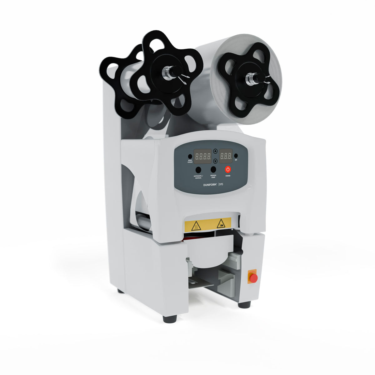 Die Duni GmbH Siegelmaschine DF5, inkl.. 1 Kassette DF5, verfügt über zwei Oberfolienrollen, ein digitales Bedienfeld mit Tasten und Anzeigen sowie einen orangefarbenen Power-Knopf zum professionellen Verschließen von Getränkebechern. 1 Stück pro Packung.