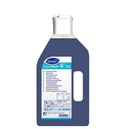 A 2-liter bottle of Diversey Suma Multi D2 universal cleaner, aluminum-safe, from Diversey Deutschland GmbH & Co. OHG, with a white cap and blue liquid. Multilingual label. Ideal for professional cleaning of various surfaces.