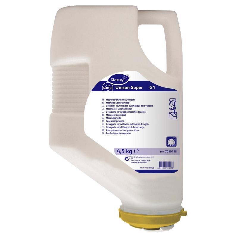 A 4.5 kg cartridge of Suma Unison Super G1, dishwashing detergent for soft water, chlorine-free from Diversey Deutschland GmbH & Co. OHG, with a white plastic container with a handle, yellow lid, and blue-white multilingual label.
