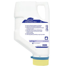 A white 4.5 kg cartridge of Diversey Suma Unison Maxi G3 dishwashing detergent for medium to hard water (chlorine-containing) with a blue label, blue cap, and yellow dispenser from Diversey Deutschland GmbH & Co. OHG.