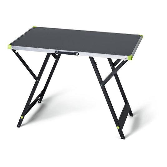 The Nölle Profi Brush Prestige Work Table (100 x 60 cm) from Nölle Profi Brush Bürsten- & Pinseltechnik e.K. is a sturdy, versatile, foldable work table with a rectangular black surface, a metal frame, and reinforced light green corners.