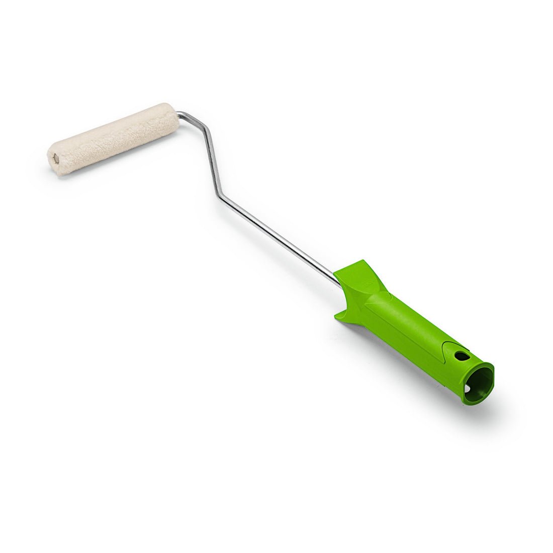 The Nölle Profi Brush Velours Paint Roller 10 cm, 4 mm pile height from Nölle Profi Brush Bürsten- & Pinseltechnik e.K. has a green plastic handle, a bent metal rod, and a white foam roller. Pictured against a plain white background.