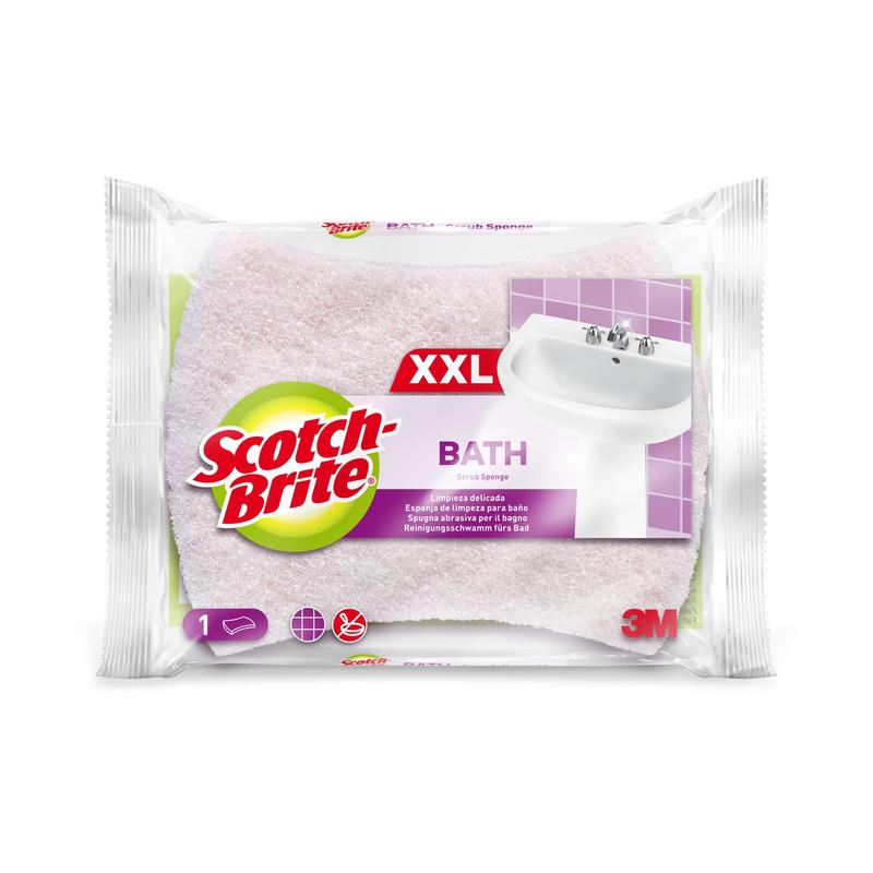 A pack of Scotch-Brite® Bath XXL cleaning sponge for the bathroom from 3M Deutschland GmbH contains 1 large sponge for removing limescale deposits, with an image of a sink on the packaging.