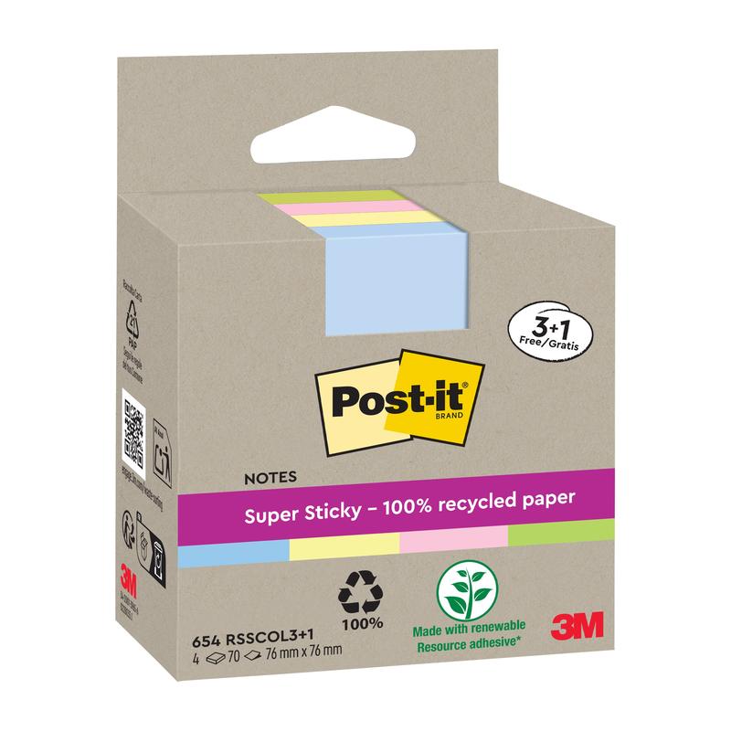 A pack of 3M Post-it® Super Sticky Recycling Notes, 76x76 mm, 70 sheets/block, made from 100% PEFC-certified recycled paper, pastel colors. Promotion: Buy 3, get 1 free. With renewable adhesive for strong hold.