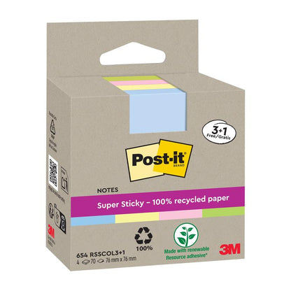 A pack of 3M Post-it® Super Sticky Recycling Notes, 76x76 mm, 70 sheets/block, made from 100% PEFC-certified recycled paper, pastel colors. Promotion: Buy 3, get 1 free. With renewable adhesive for strong hold.