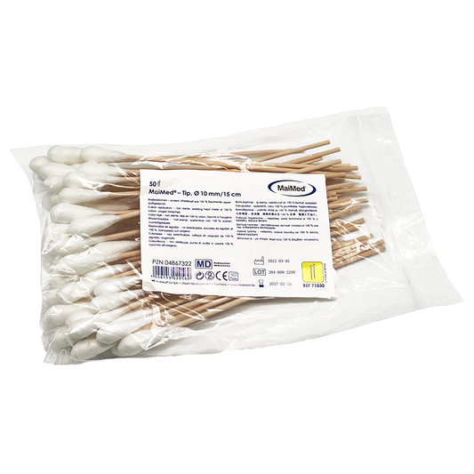 MaiMed - Tip non-sterile cotton swab, 15 cm long, wooden stick | Pack (100 pieces)