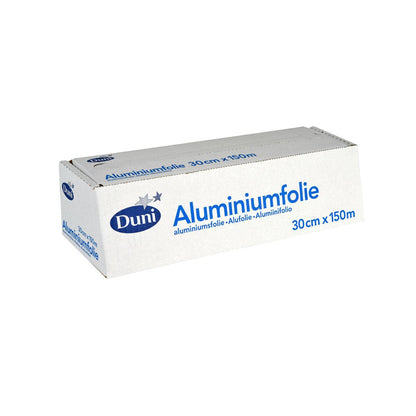 Ein rechteckiger silberner Aluminiumfolie Abrollkarton der Duni GmbH, blau beschriftet mit "Aluminiumfolie", 30 cm x 150 m, ideal für hitzebeständige Lebensmittelverpackung.