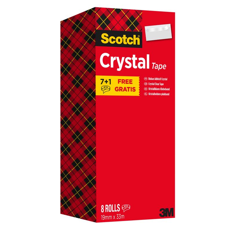 A box of Scotch® Crystal Tape from 3M Deutschland GmbH: transparent tape, value pack with 8 rolls (19 mm x 33 m), with "7+1 Free".
