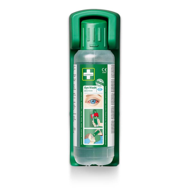 A wall mount (for eye wash 500 ml) from Orkla Wound Care AB, including a glow-in-the-dark instruction sign, for the safe storage of an eye wash bottle with emergency eye wash instructions. The package contains 1 piece.