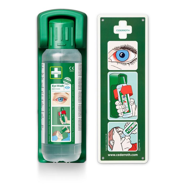 A green Orkla Wound Care AB wall mount for 500 ml eye wash contains a phosphorescent instruction sign and an eye illustration. Usage instructions: open cap, hold to eye, squeeze to rinse. The package contains 1 unit.