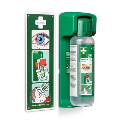 The Orkla Wound Care AB wall mount for eye wash 500 ml comes with a glow-in-the-dark instruction sign for better visibility; package contains 1 piece.