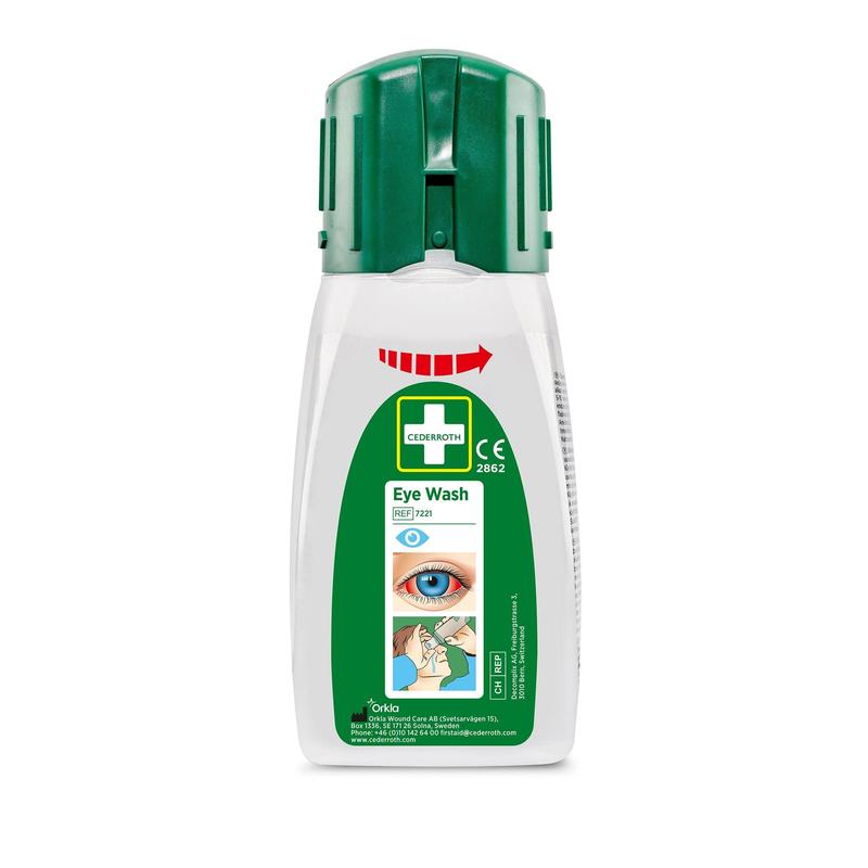 Das Cederroth Augenspülung Taschenmodell 235 ml von Orkla Wound Care AB hat eine grüne Kappe und ein illustriertes Etikett für eine schnelle Erste-Hilfe-Anwendung, ideal für die Behandlung von Augenverletzungen. Jede Packung enthält 235 Flaschen.