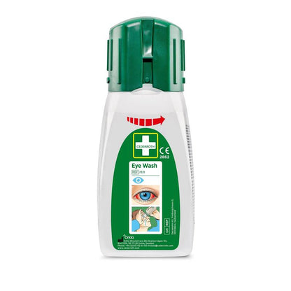 The Cederroth Eye Wash Pocket Model 235 ml from Orkla Wound Care AB has a green cap and an illustrated label for quick first aid application, ideal for treating eye injuries. Each package contains 235 bottles.