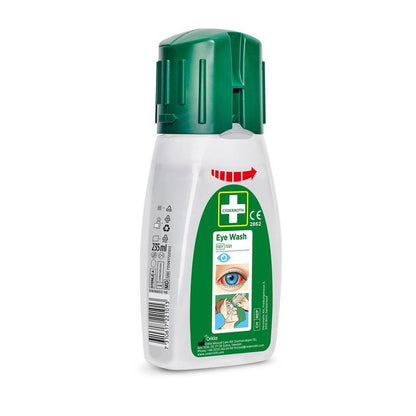 A white plastic bottle Orkla Wound Care AB Cederroth Eye Wash, Pocket Model 235 ml (package 235 pieces), with a green cap and label with information on eye care and application symbols - ideal as a portable eye wash.