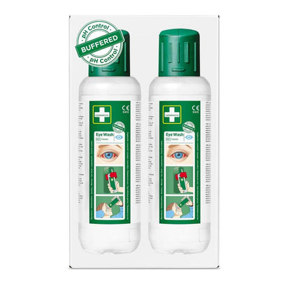 Cederroth Eye Wash 2 x 500 ml from Orkla Wound Care AB: Two white bottles with green caps and an eye label with the inscription pH Control Buffered. Perfect for a quick response in eye accidents. The package contains 2 pieces (2-pack).