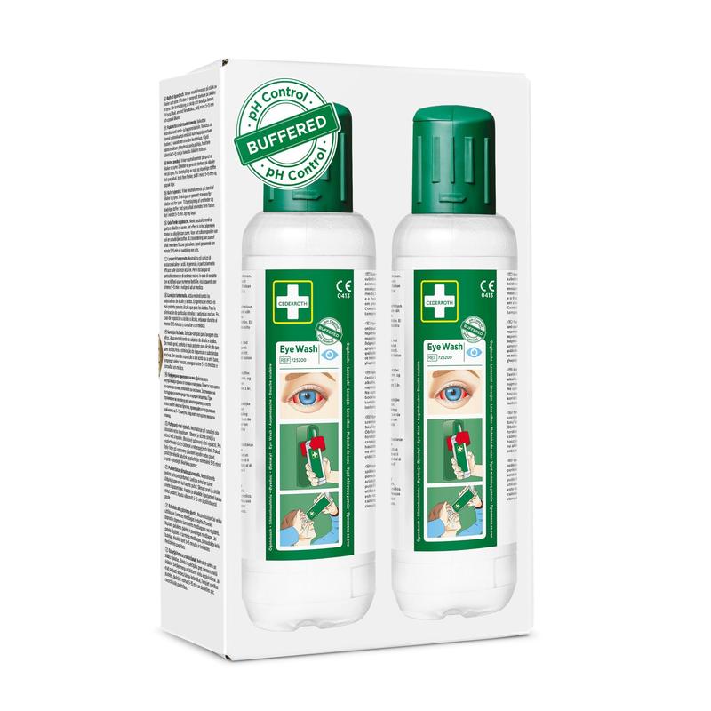The Cederroth Eye Wash 2 x 500 ml, 2-pack from Orkla Wound Care AB contains two bottles with green caps and clear instructions - a must for quick help in eye injuries.