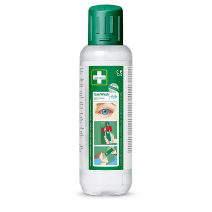 White plastic bottle with green cap and the inscription "Cederroth eye wash 2 x 500 ml, 2-pack" from Orkla Wound Care AB. The label includes an illustrated eye, instructions, product information, and certification for quick response to eye accidents.
