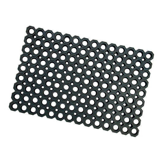 Die Nölle Profi Brush Gummi-Wabenmatte (40x60 cm, 2,3 cm dick) von Nölle Profi Brush Bürsten- & Pinseltechnik e.K. bietet mit ihrem schwarzen, rechteckigen Design und den gleichmäßig verteilten Kreislöchern eine erhöhte Rutschfestigkeit.