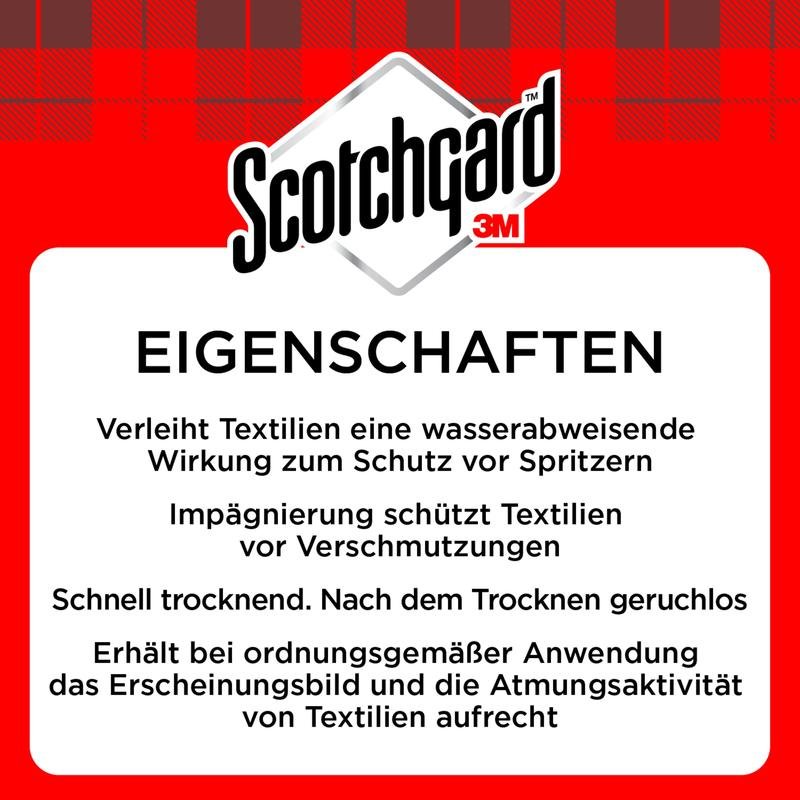 The product label of the Scotchgard™ Textile Protector Spray (400 ml, 3M Deutschland GmbH) shows the Scotchgard 3M logo and a German description of water-repellent protection, stain resistance, and breathability.