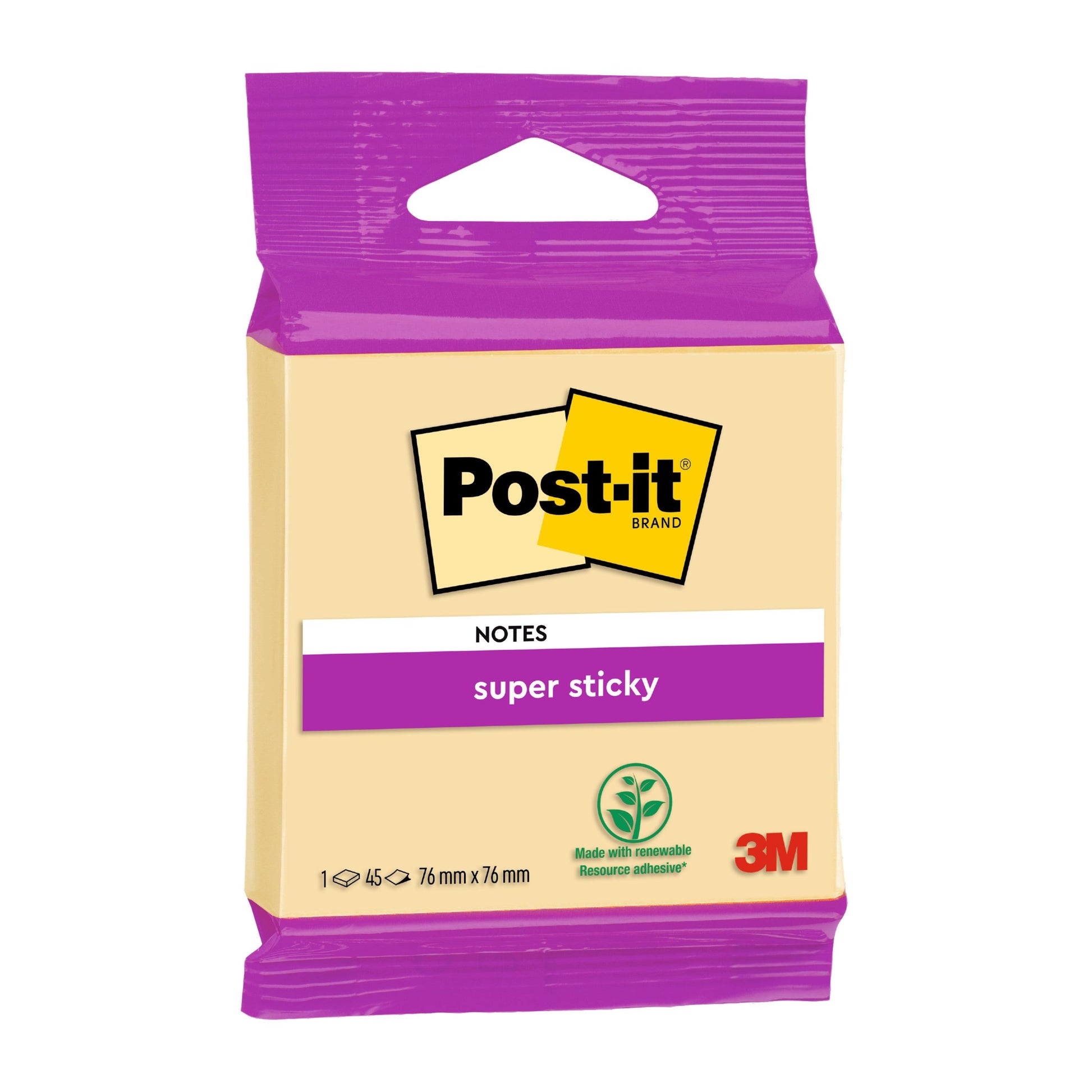 Eine Packung Post-it® Super Sticky Notes der 3M Deutschland GmbH, PEFC-zertifiziert, kommt in einer violetten Verpackung mit Logo und "Super Sticky"-Etikett, im Format 76 mm x 76 mm mit 45 Blatt pro Block.
