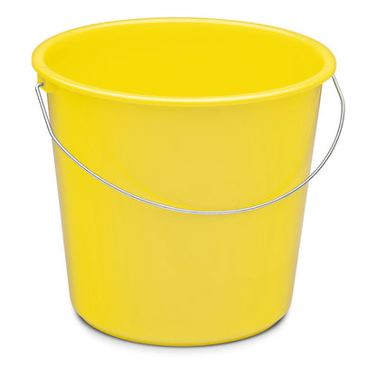 Der Nölle Profi Brush Haushaltseimer 10 Liter Kunststoff von Nölle Profi Brush Bürsten- & Pinseltechnik e.K. ist aufrecht und leer abgebildet. Er hat einen leuchtend gelben Körper und einen silbernen Metallgriff vor einem schlichten weißen Hintergrund.