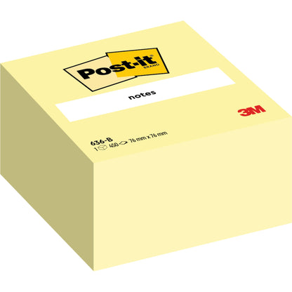 The Post-it® Notes Cube 636-B from 3M Germany is a self-adhesive notepad (Yellow, 76 x 76 mm, 450 sheets) with a clear "notes" print on the cover, PEFC-certified and featuring the Post-it logo.
