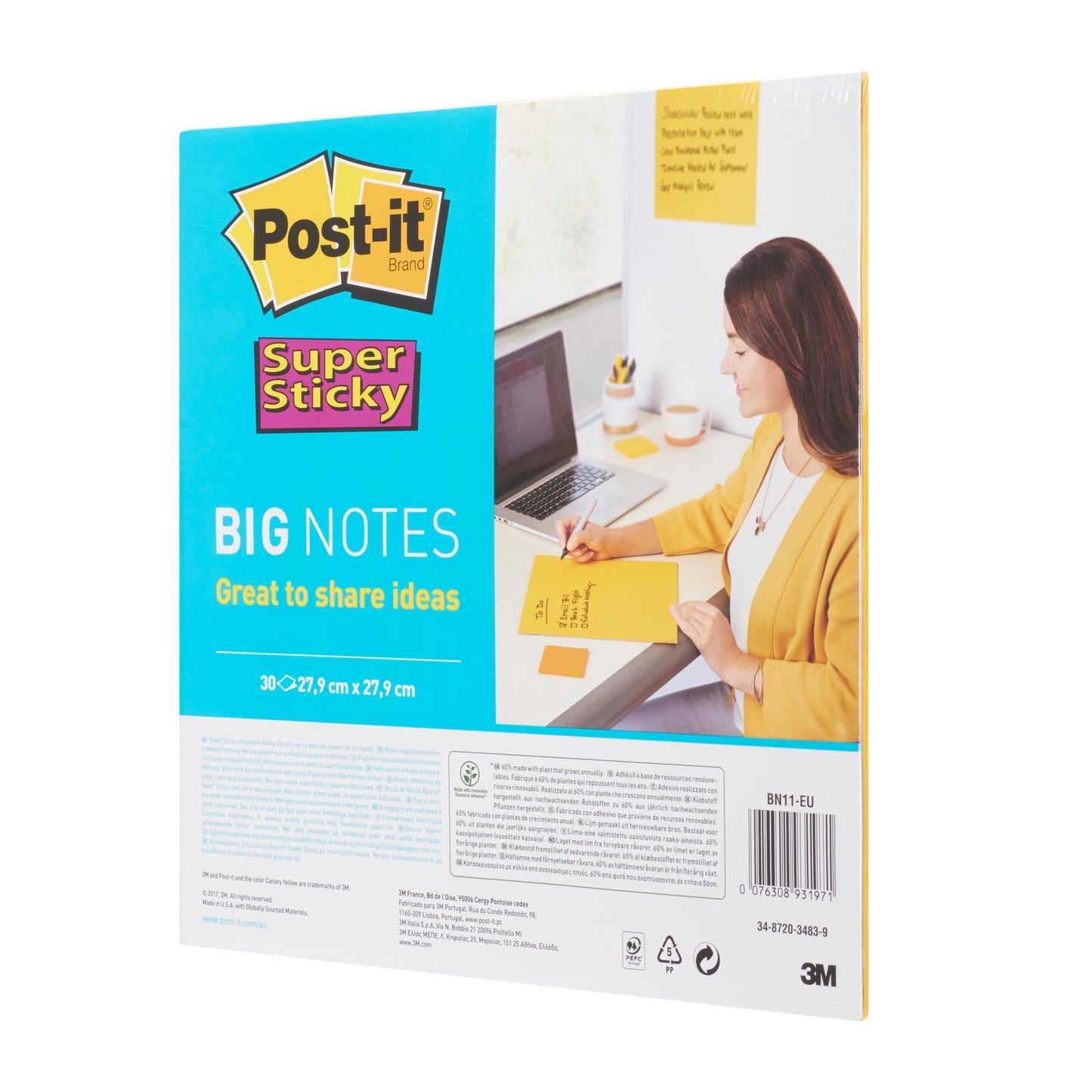 Abgebildet ist eine Packung 3M Post-it® Super Sticky Big Notes BN11-EU (279 mm x 279 mm, Gelb, 30 Blatt/Block, 1 Block/Packung, 100% PEFC-zertifiziert) mit blauer und gelber Beschriftung und einer Frau, die auf gelbe Haftnotizen an einem Laptop schreibt.