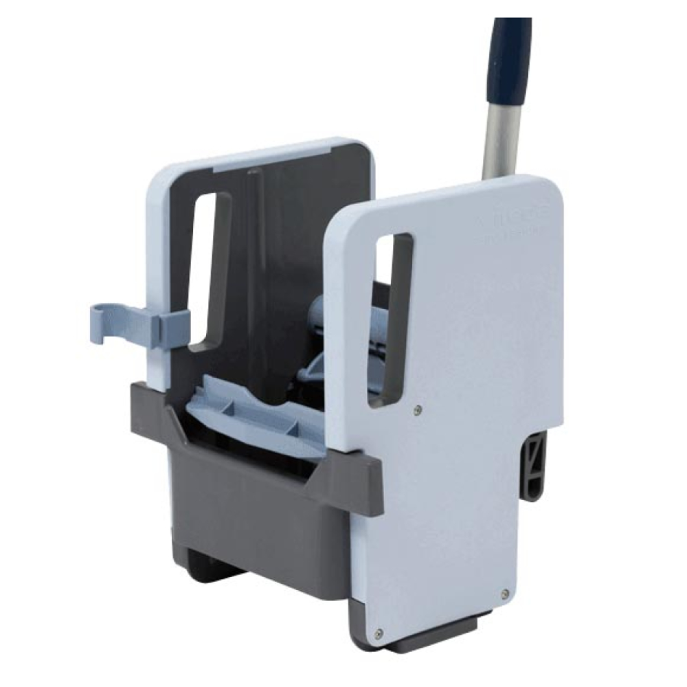 The Vileda Professional Vertical Press with dimensions 23 x 23 x 32 cm, available in a single package from Vileda GmbH, is a commercial mop bucket wringer with a handle. The gray-white design is made of durable polypropylene, making it ideal for use with the Vileda Professional Vertical Press. It efficiently wrings out mops and features slots for catching excess water, while the reinforced handle ensures durability.