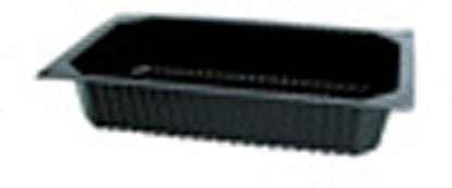 Die Duni GmbH PP Schale 1/4 GN Schwarz ist ein schwarzes Speisetablett mit gerippten Seiten und einem flachen Rand, perfekt für die Buffetpräsentation in der Gastronomie, abgebildet auf weißem Hintergrund.