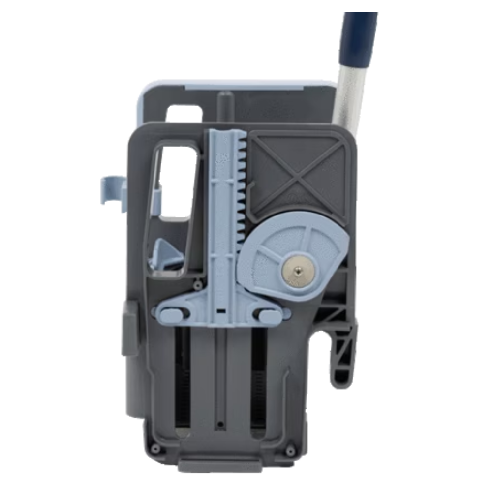 Close-up of a Vileda Professional Vertical Press device made of gray and blue plastic from Vileda GmbH with a wheel and handle. This mechanism includes gears and levers and is made of durable polypropylene, suggesting that it is part of a larger mechanical or cleaning device. Its dimensions are 23 x 23 x 32 cm.