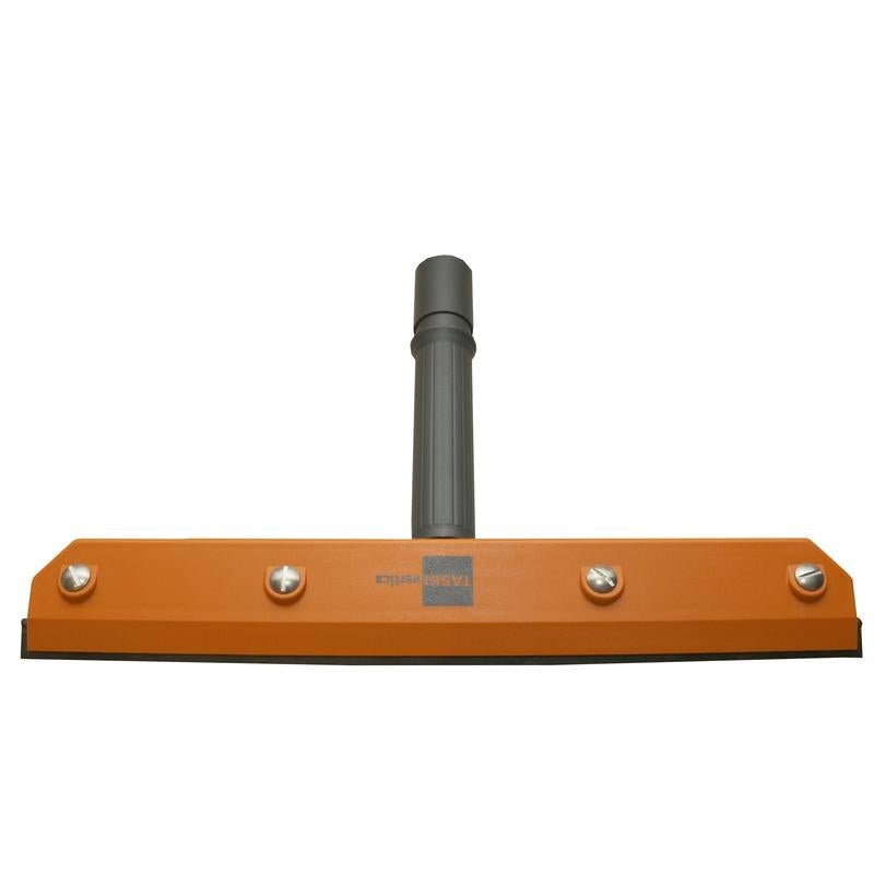 The TASKI vertica nozzle 40 cm from Diversey Deutschland GmbH & Co. OHG is a wide, orange floor wiper with a black rubber blade and gray handle holder, ideal for use with the vertica system, shown from the front on a white background.