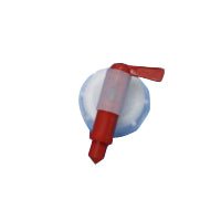 A close-up of a red spigot for 20L canisters from Diversey Deutschland GmbH & Co. OHG, for transferring into smaller containers, attached to a white and blue container, against a white background. Package: 1 piece.